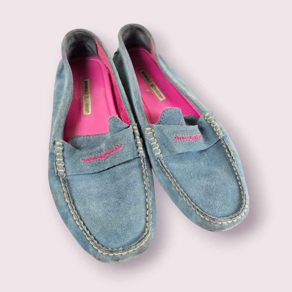 Manolo Blahnik Gray Blue Suede‎ Driving Penny Loafers Flats Moccasins Size 7.5-8